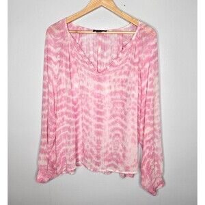 FIFTEEN TWENTY 100% Silk Blouse Large Pink White Semi-Sheer Lightweight V-Neck